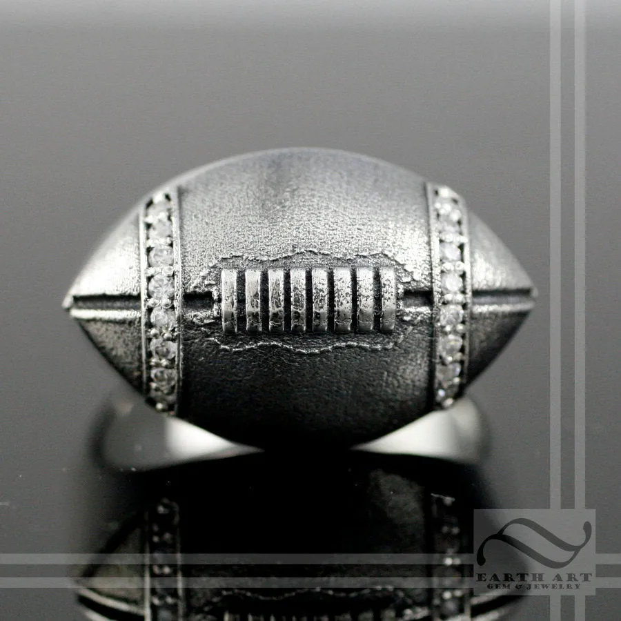 Mens Football Signet - A  Solid Sterling Silver Football Signet Ring with diamond or CZ