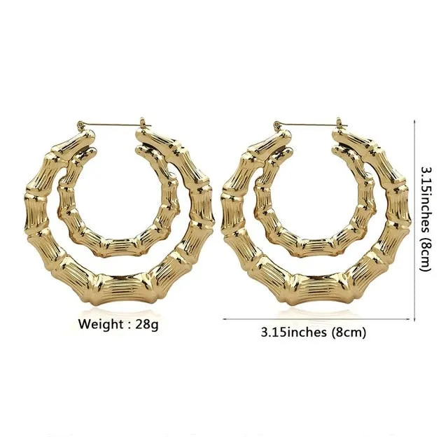Metal Bamboo Large Hoop Earrings Gold Color Round Alloy-Big Earrings