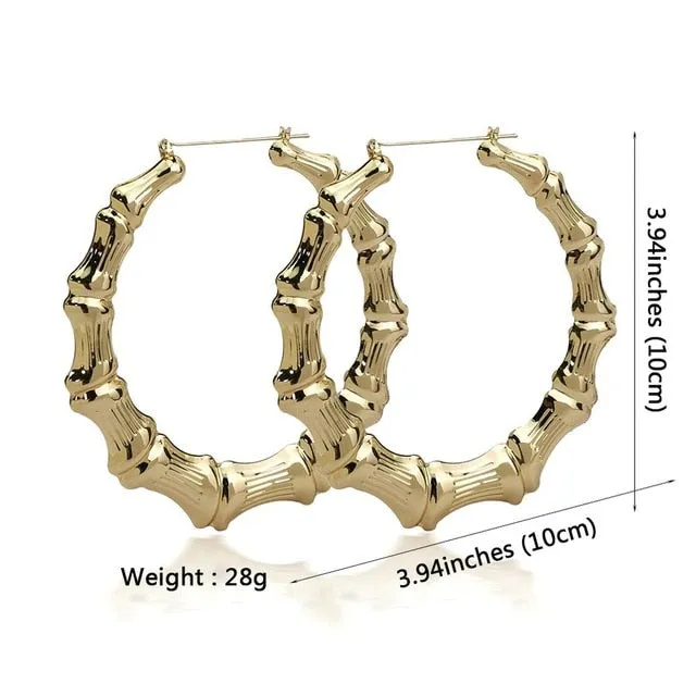 Metal Bamboo Large Hoop Earrings Gold Color Round Alloy-Big Earrings