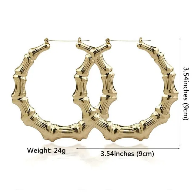 Metal Bamboo Large Hoop Earrings Gold Color Round Alloy-Big Earrings