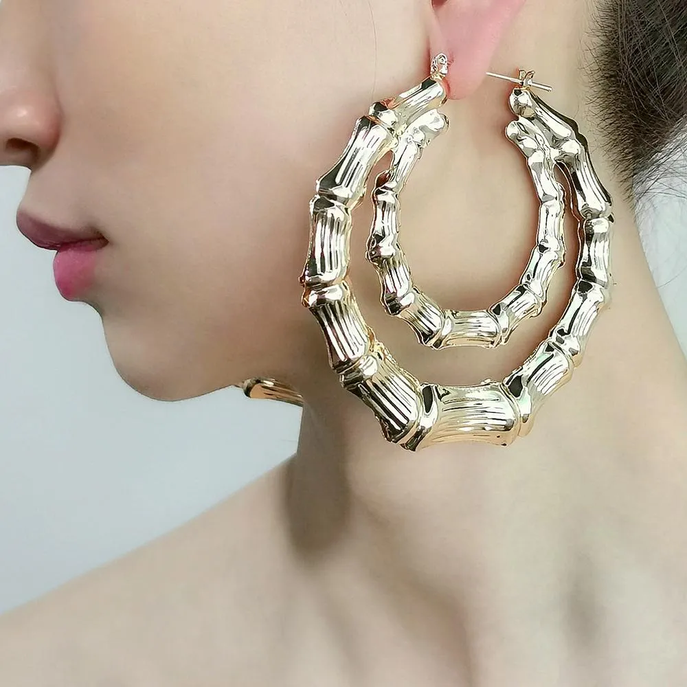 Metal Bamboo Large Hoop Earrings Gold Color Round Alloy-Big Earrings