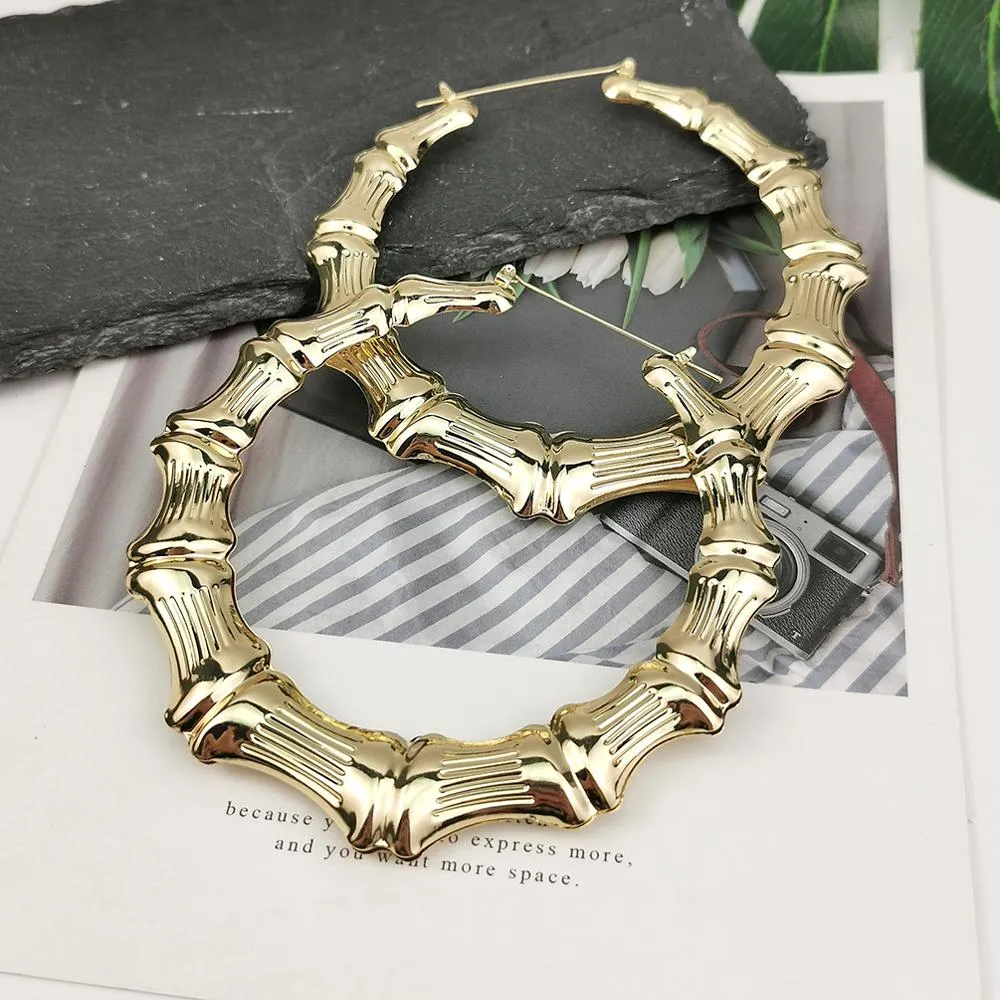 Metal Bamboo Large Hoop Earrings Gold Color Round Alloy-Big Earrings