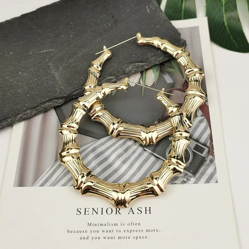Metal Bamboo Large Hoop Earrings Gold Color Round Alloy-Big Earrings
