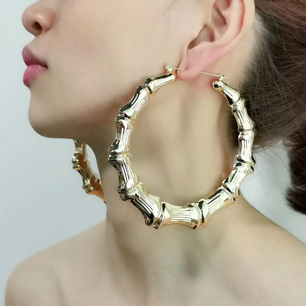 Metal Bamboo Large Hoop Earrings Gold Color Round Alloy-Big Earrings