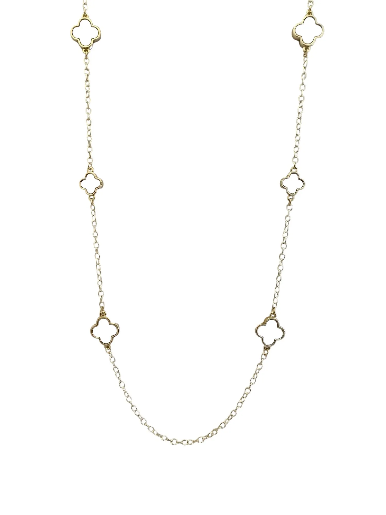 Mother of Pearl Clover on Gold Chain Long Necklace