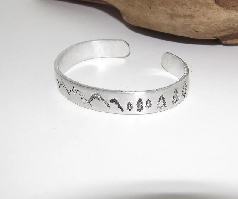 Mountain cuff, tree cuff bracelet, mountain lover gift, adjustable silver cuff, stamped jewelry, stamped cuff bracelet