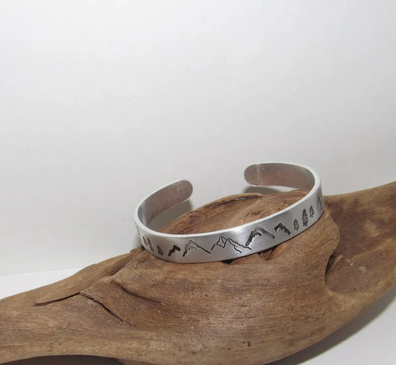 Mountain cuff, tree cuff bracelet, mountain lover gift, adjustable silver cuff, stamped jewelry, stamped cuff bracelet