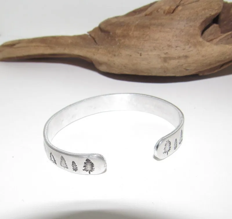 Mountain cuff, tree cuff bracelet, mountain lover gift, adjustable silver cuff, stamped jewelry, stamped cuff bracelet