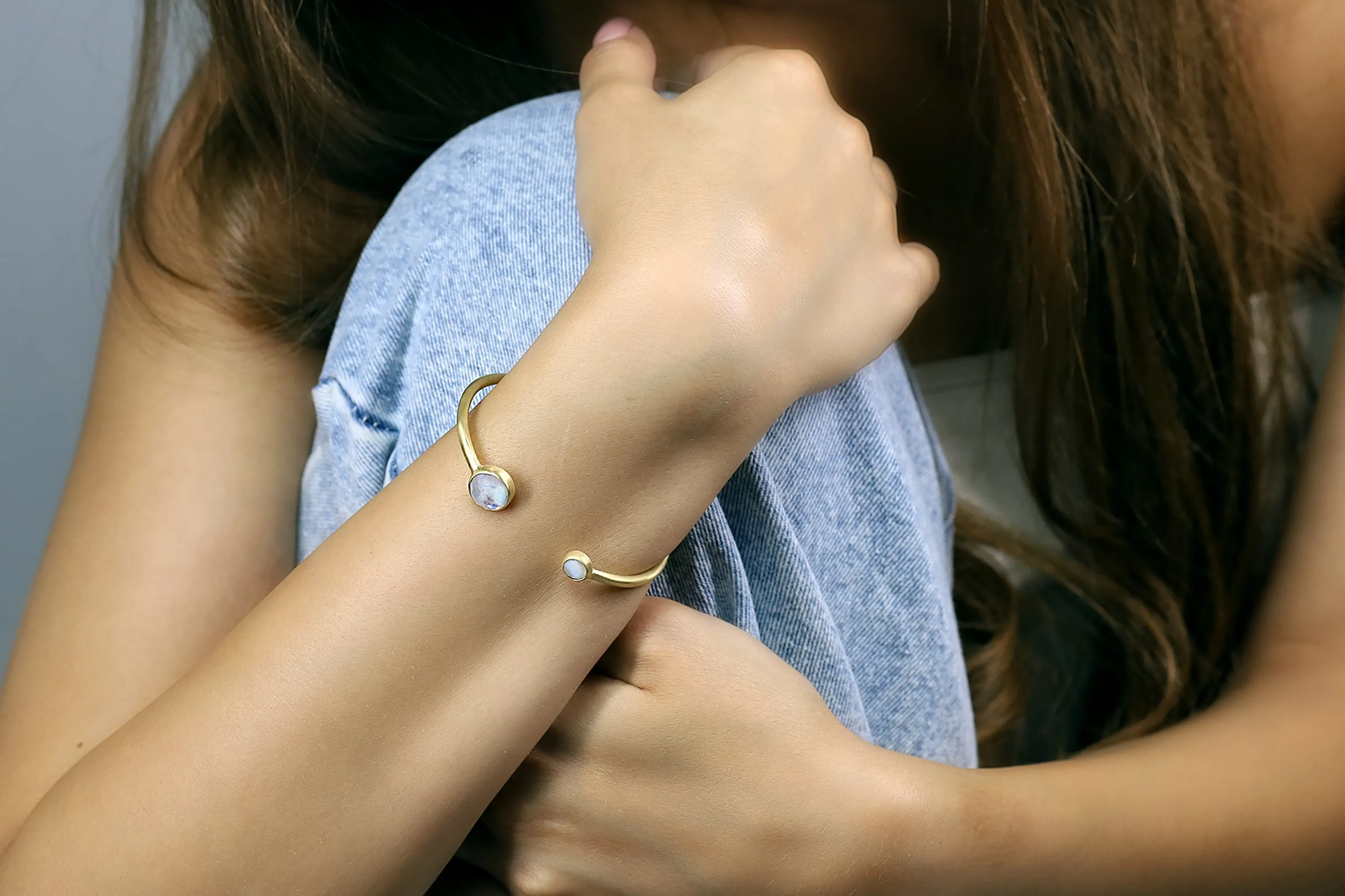 Multistone Bezel Set Rainbow Moonstone Cuff Bracelet in Gold