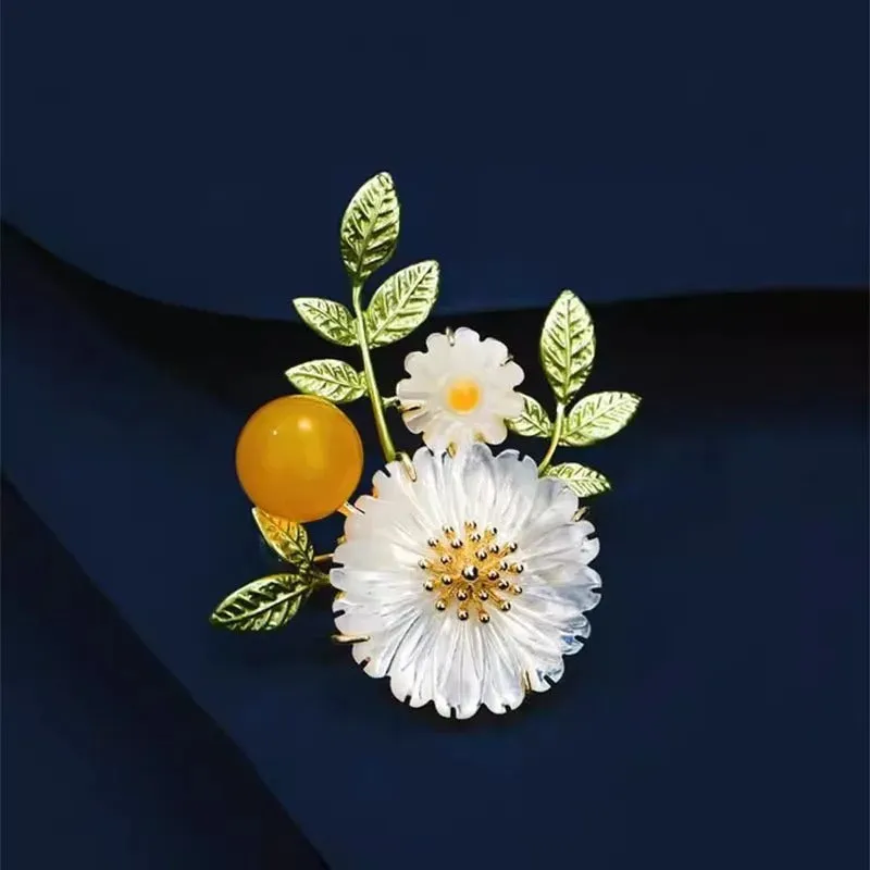Nadine Daisy Enamel & Shell Brooch
