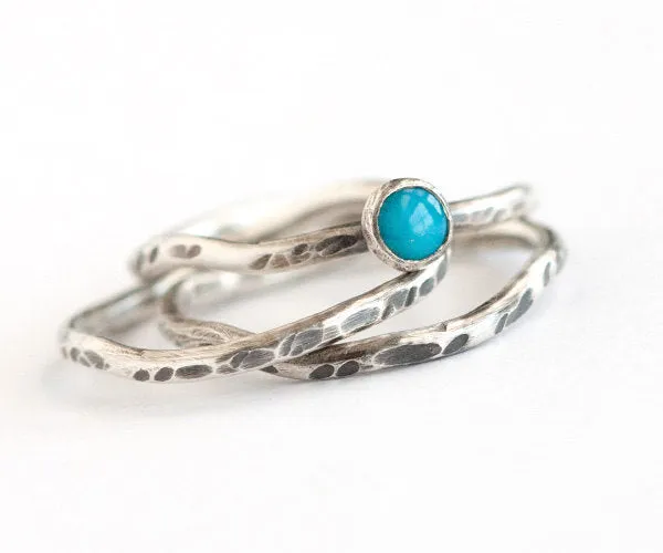 Nalu - Handmade Sterling Silver Wave Stack Rings with Blue Turquoise
