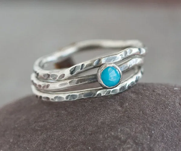 Nalu - Handmade Sterling Silver Wave Stack Rings with Blue Turquoise