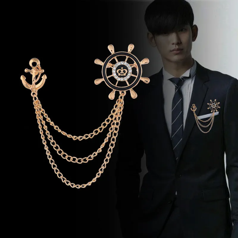 Navy Style Anchor and Rudder Chain Metal Brooch 3pcs