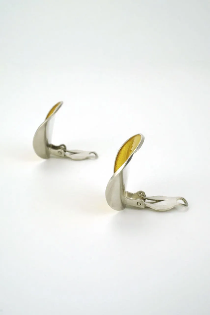 Norwegian silver and yellow vintage enamel clip earrings 1960s