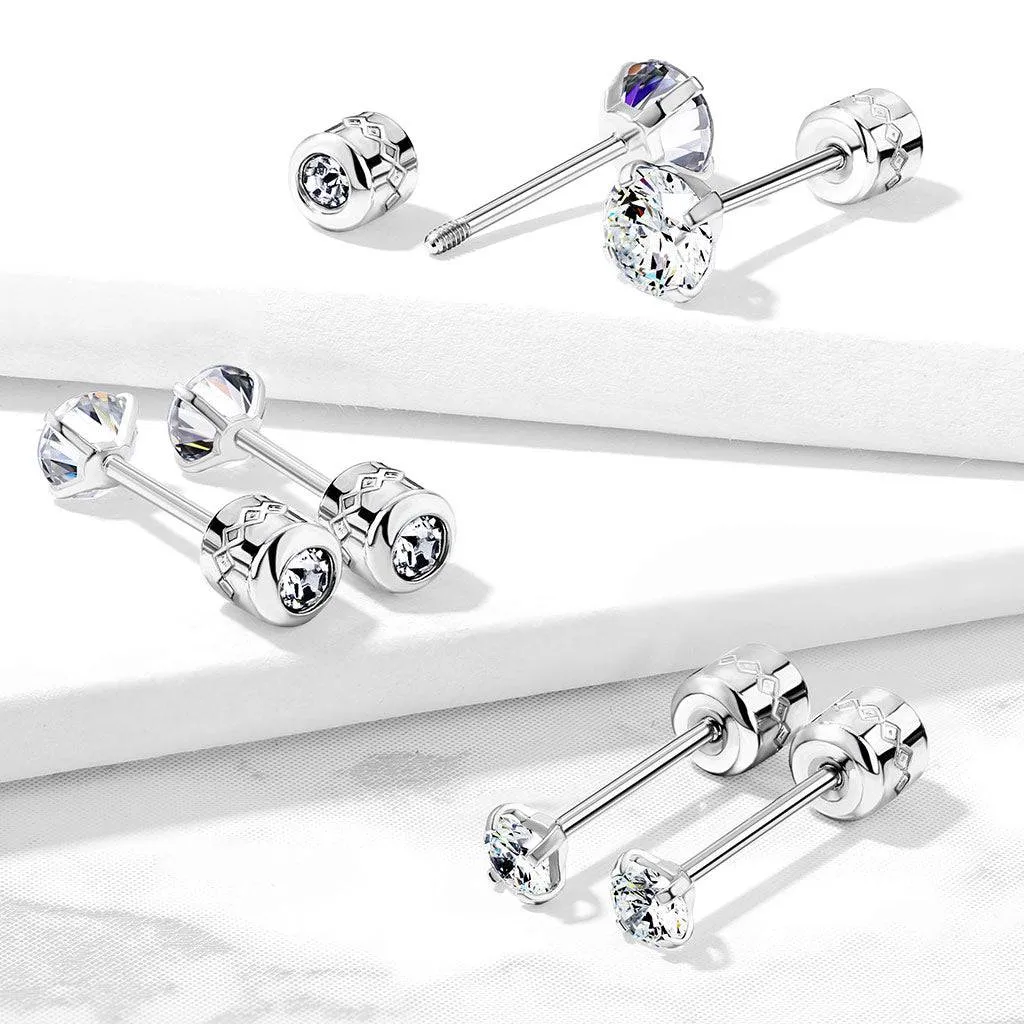 Pair of Screw Back Surgical Steel White CZ Stud Earrings