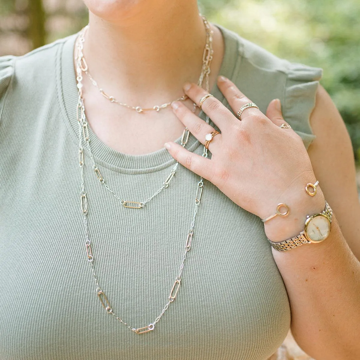 Paperclip Link Short Floating Necklace - Mixed Metals