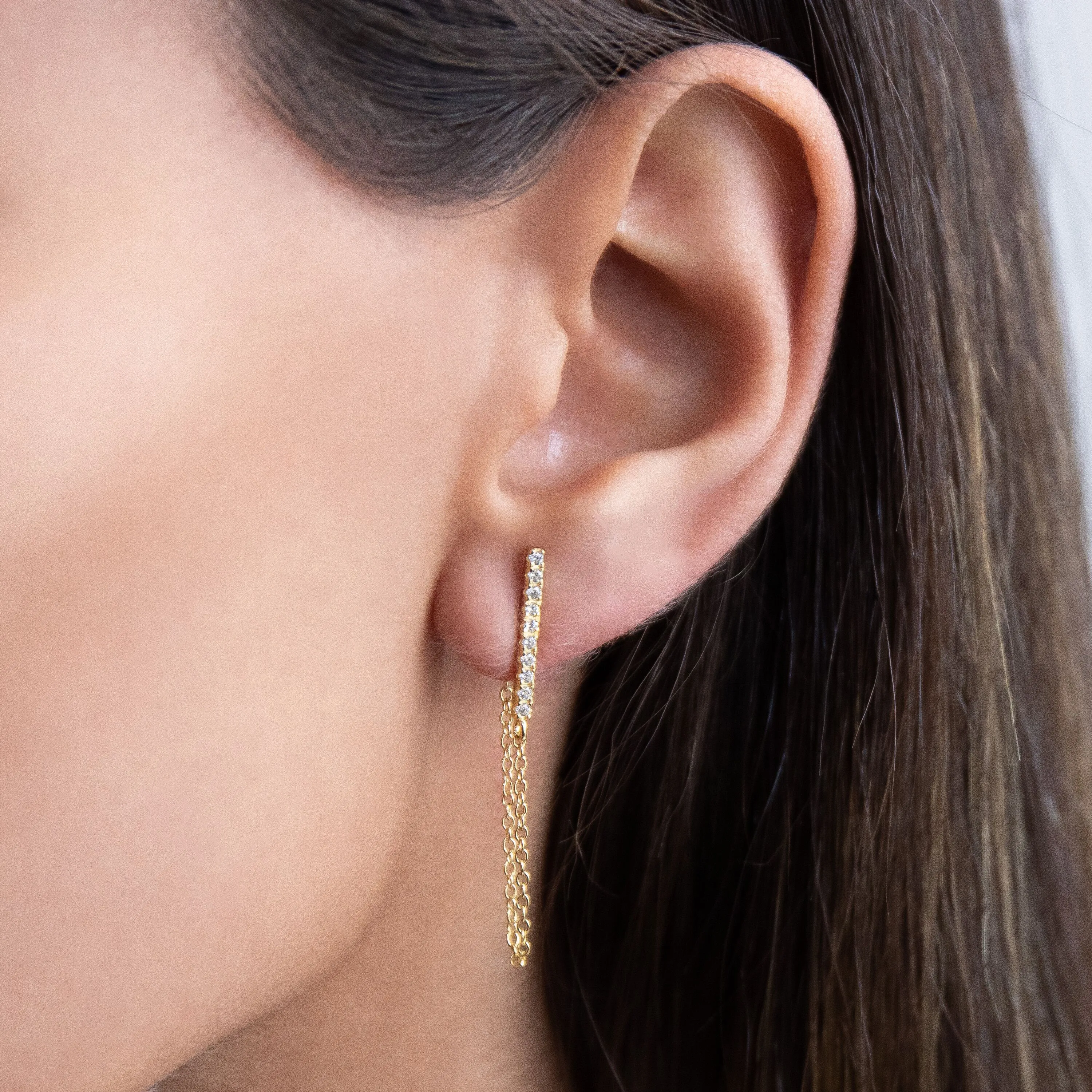 Pave Bar Chain Stud Earring