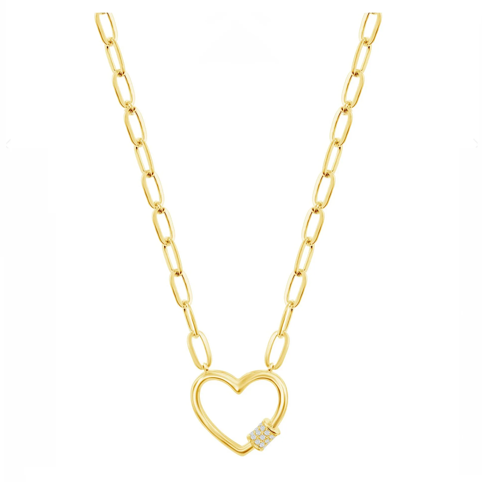 Pave Heart Link Paperclip Chain Necklace