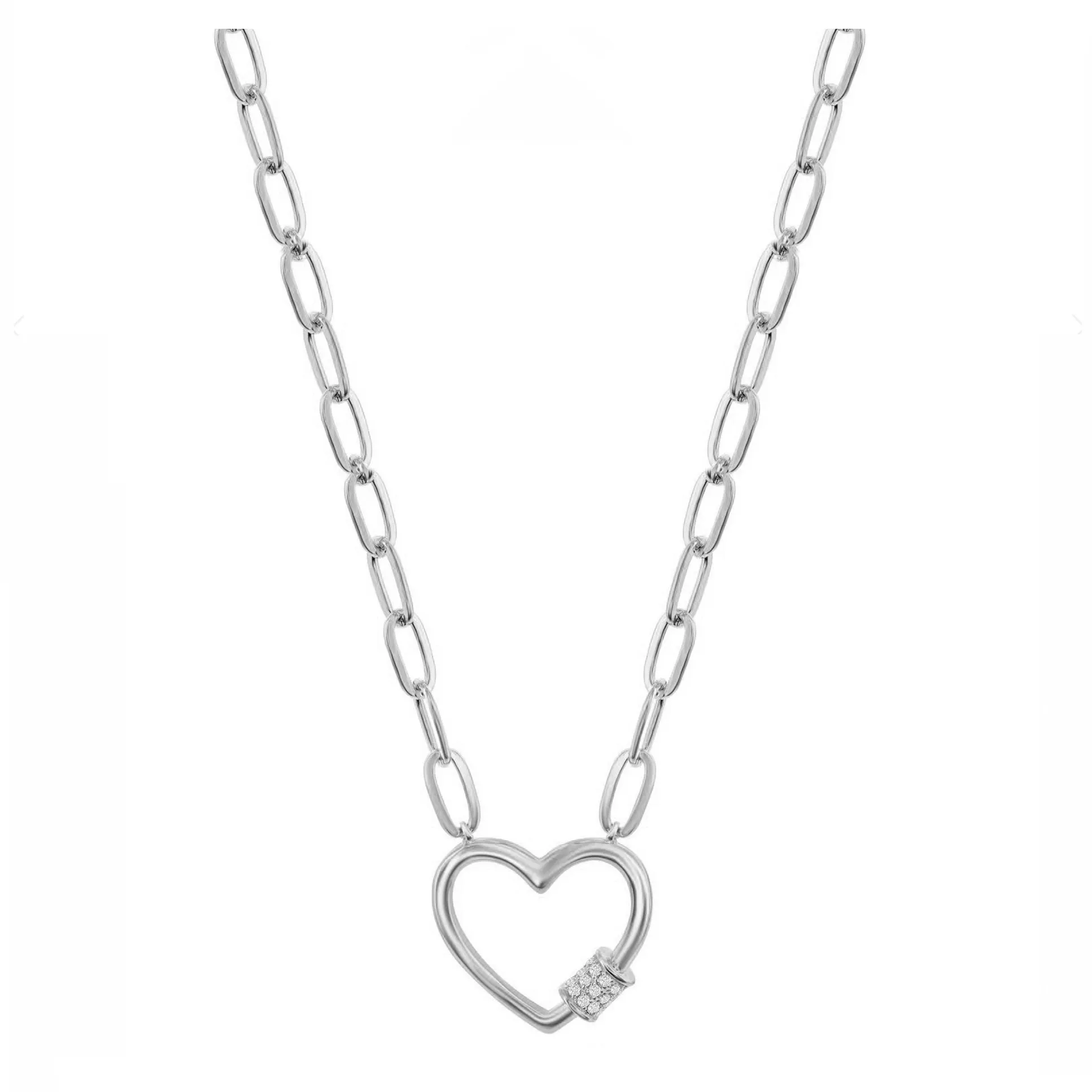 Pave Heart Link Paperclip Chain Necklace