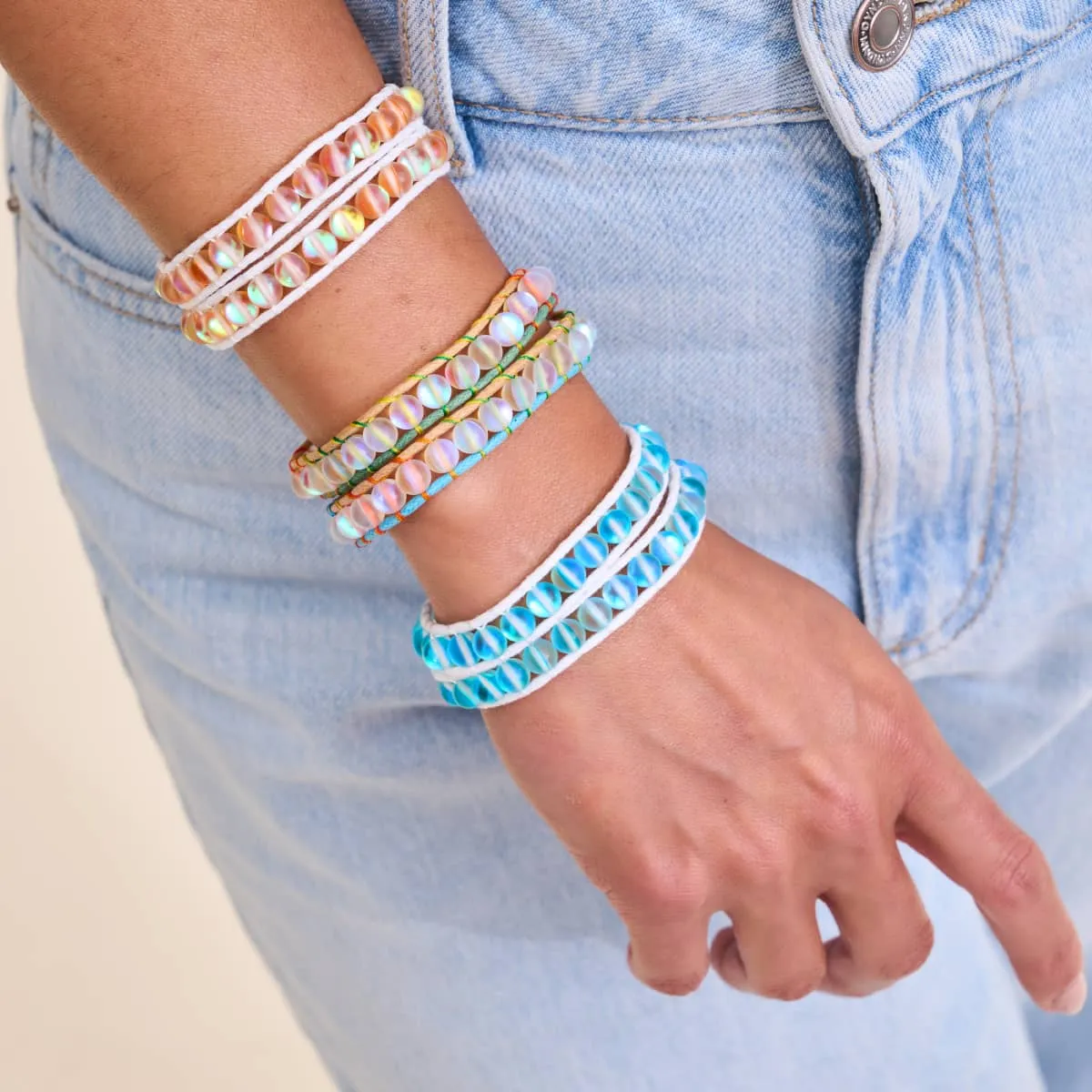 Peach | Mermaid Glass | White Linen Wrap Bracelet
