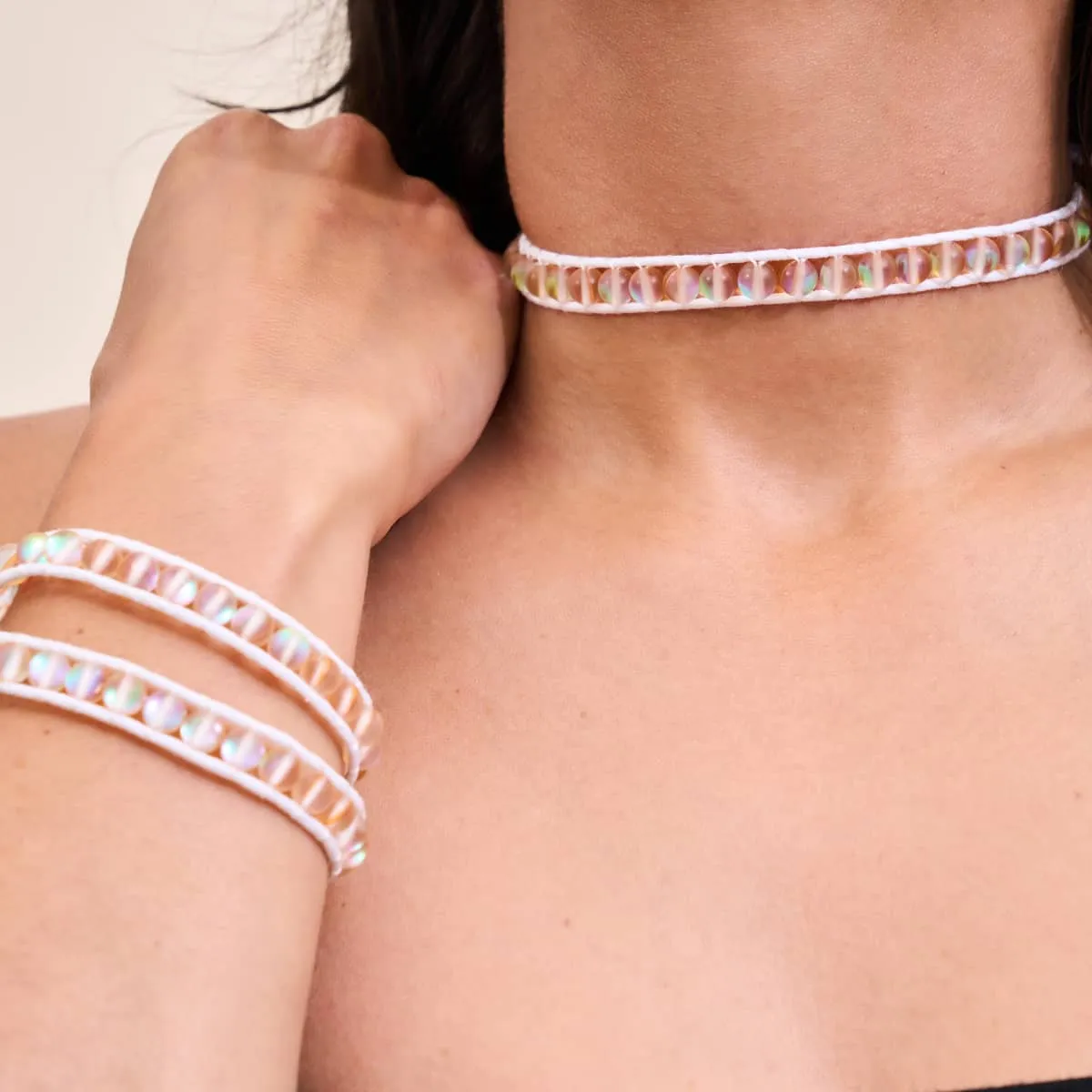 Peach | Mermaid Glass | White Linen Wrap Bracelet