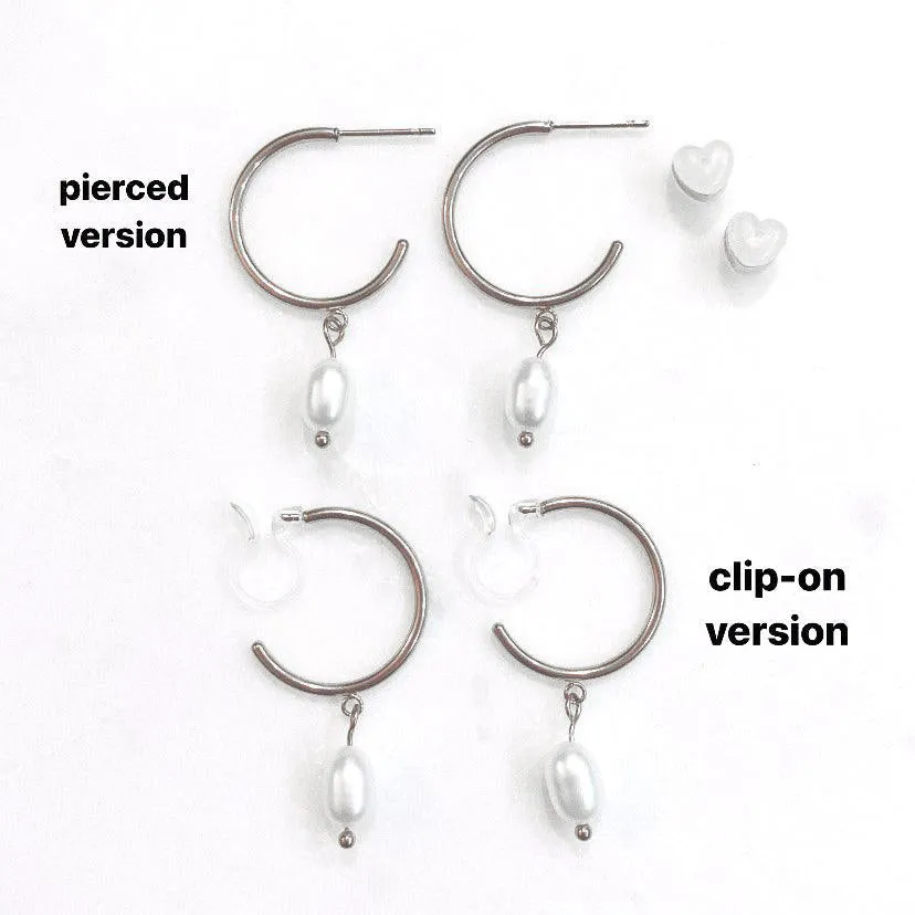 PEARL DANGLE SMALL HOOP EARRINGS IN SILVER