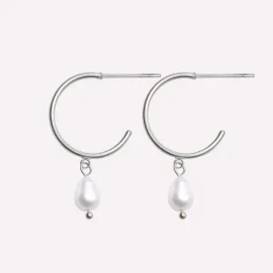 PEARL DANGLE SMALL HOOP EARRINGS IN SILVER