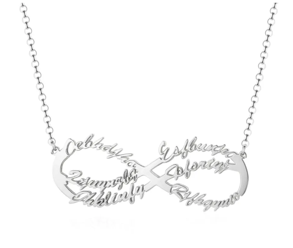 Personalized Sterling Silver Infinity Symbol 6 Custom Name Pendant Necklace, Gift for Family Members, Mother, & Friends