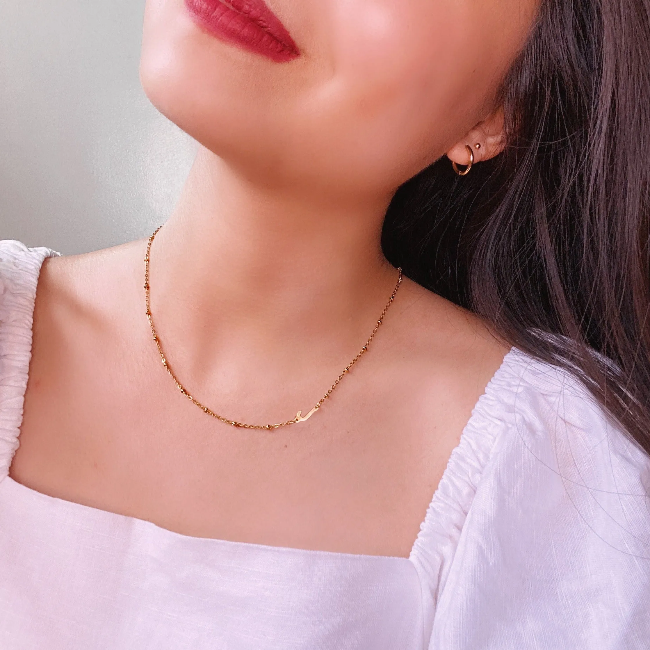 *PRE-ORDER Mini Sideways Initial with Mini Beaded Chain Gold Filled Necklace
