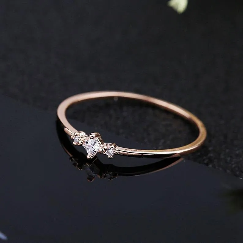 Princess Moissanite Engagement Ring Rose gold Unique simple Thin Dainty Round diamond wedding ring for women bridal anniversary gift
