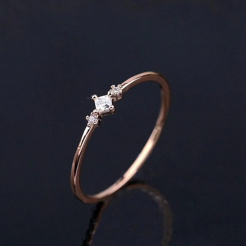 Princess Moissanite Engagement Ring Rose gold Unique simple Thin Dainty Round diamond wedding ring for women bridal anniversary gift