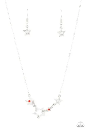Proudly Patriotic Red Rhinestone Silver Star Americana Paparazzi Short Necklace