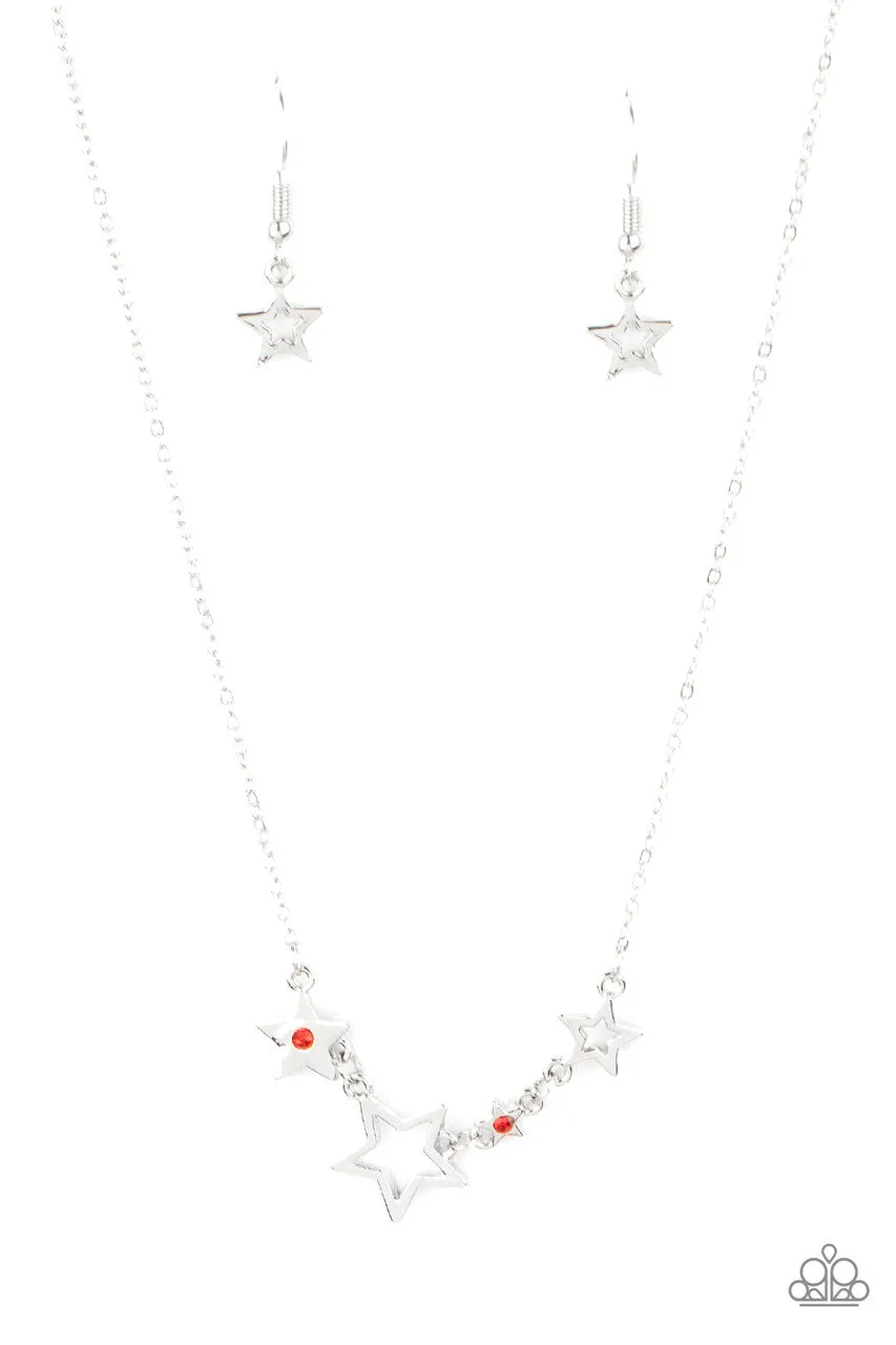Proudly Patriotic Red Rhinestone Silver Star Americana Paparazzi Short Necklace