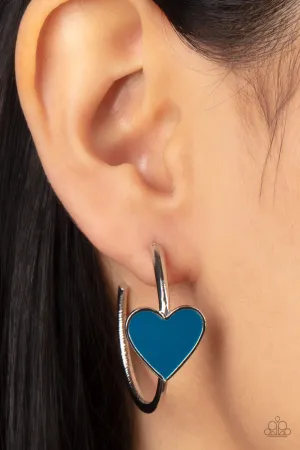 "Kiss Up" Silver Metal & Blue Enamel Heart in a Hoop Earrings