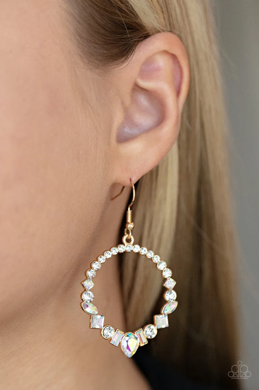 Revolutionary Refinement - Gold - Iridescent White Rhinestone Hoop Paparazzi Fishhook Earrings