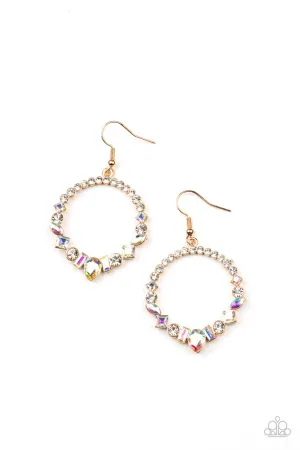 Revolutionary Refinement - Gold - Iridescent White Rhinestone Hoop Paparazzi Fishhook Earrings
