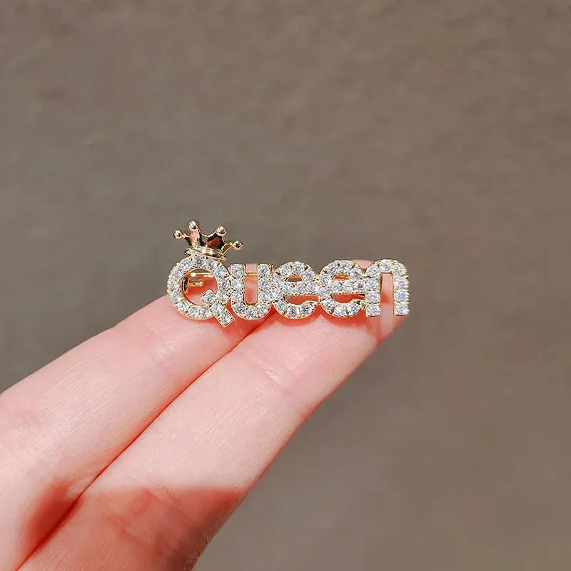 Rhinestone Queen Brooches For Women Crown Letters Party Office Brooch Pins