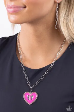 Romantic Gesture - Pink - Rhinestone Encrusted Heart Silver Bow Paparazzi Short Necklace