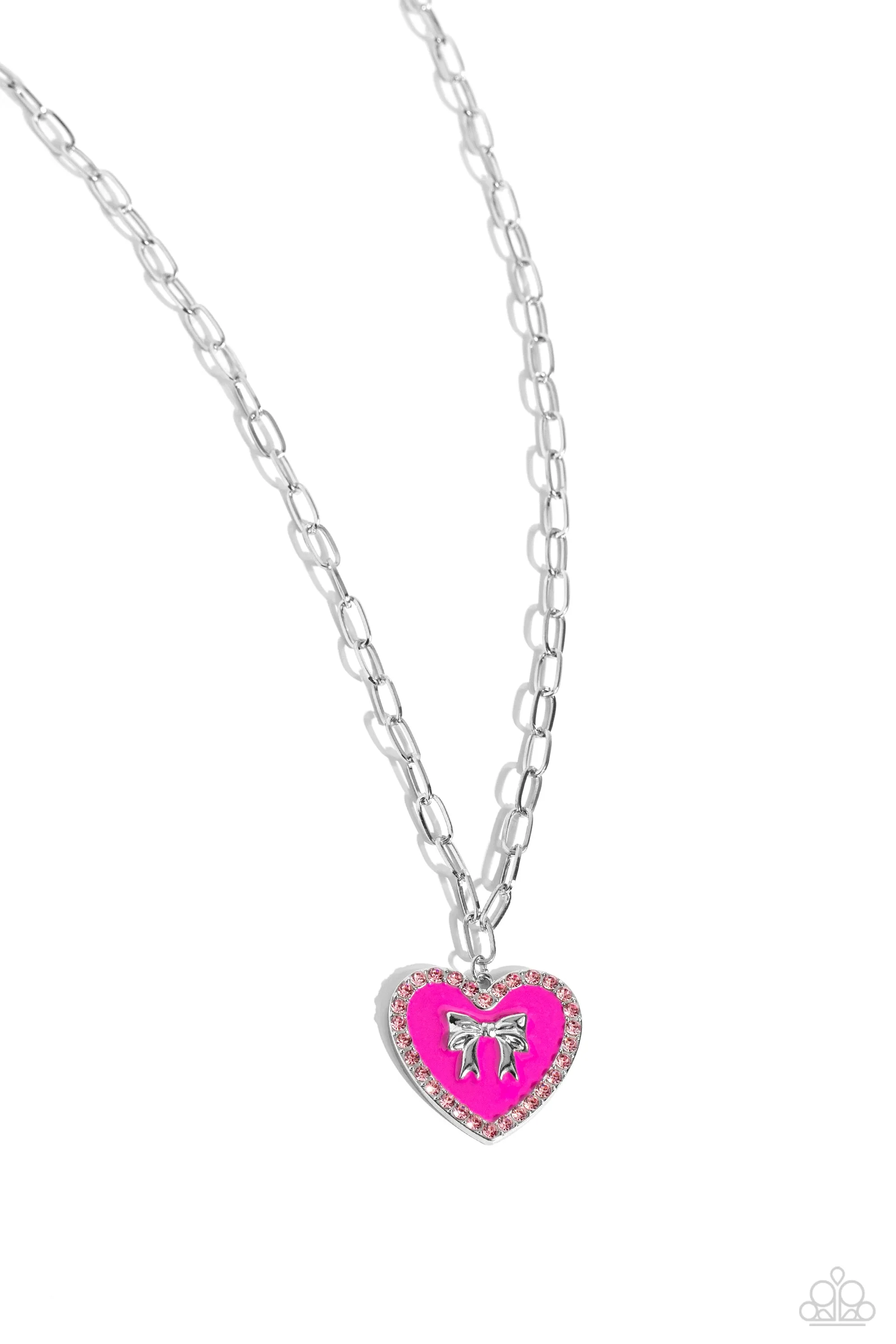 Romantic Gesture - Pink - Rhinestone Encrusted Heart Silver Bow Paparazzi Short Necklace