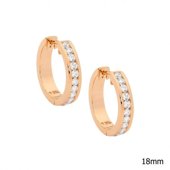 Rose Gold Plated Sterling Silver with Channel Set Round Cubic Zirconia 18mm Hoop E395RP