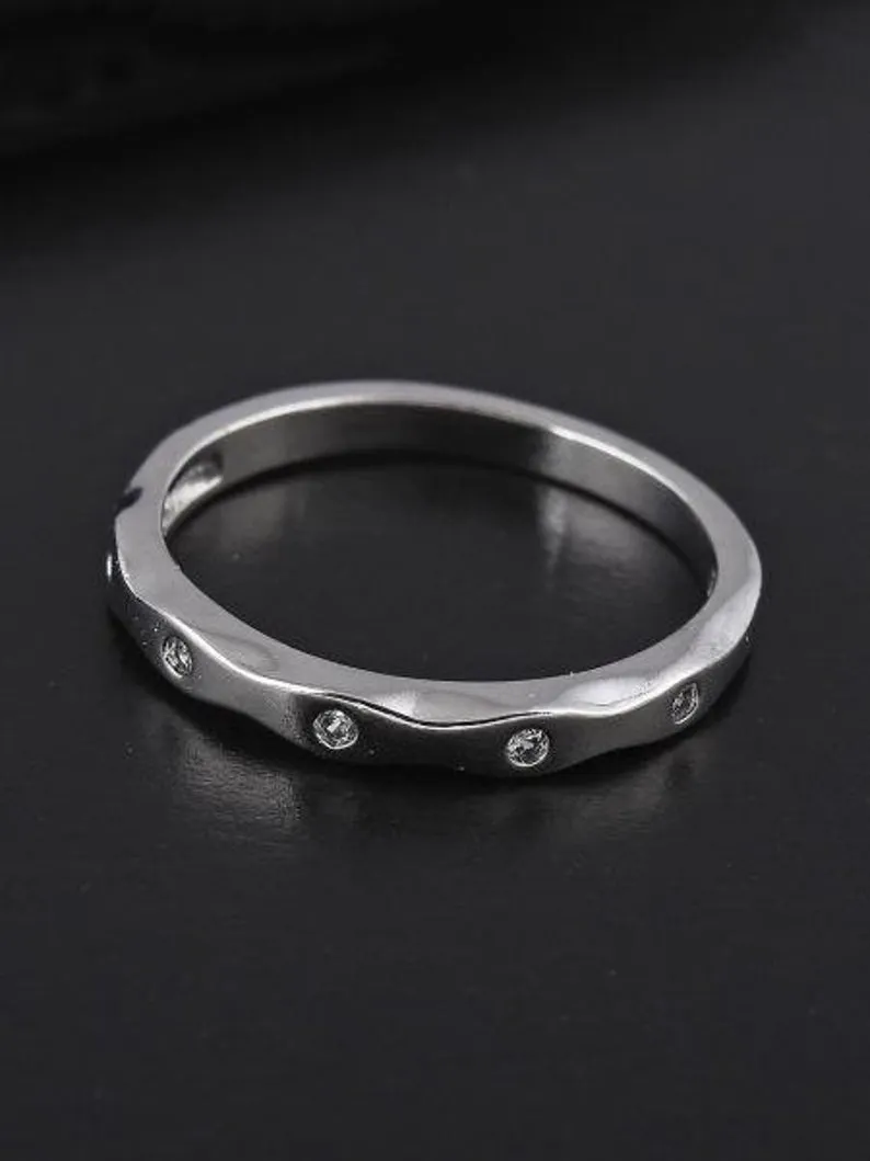 Round Diamond Wedding Band, 14k White Gold Unique Vintage Ring, Thin Dainty Diamond Jewelry, women Celtic bridal gift, Engagement ring bands