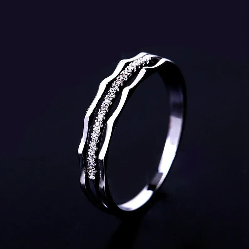 Round Moissanite engagement band white gold unique simple thin dainty diamond wedding ring for women celtic bridal anniversary gift
