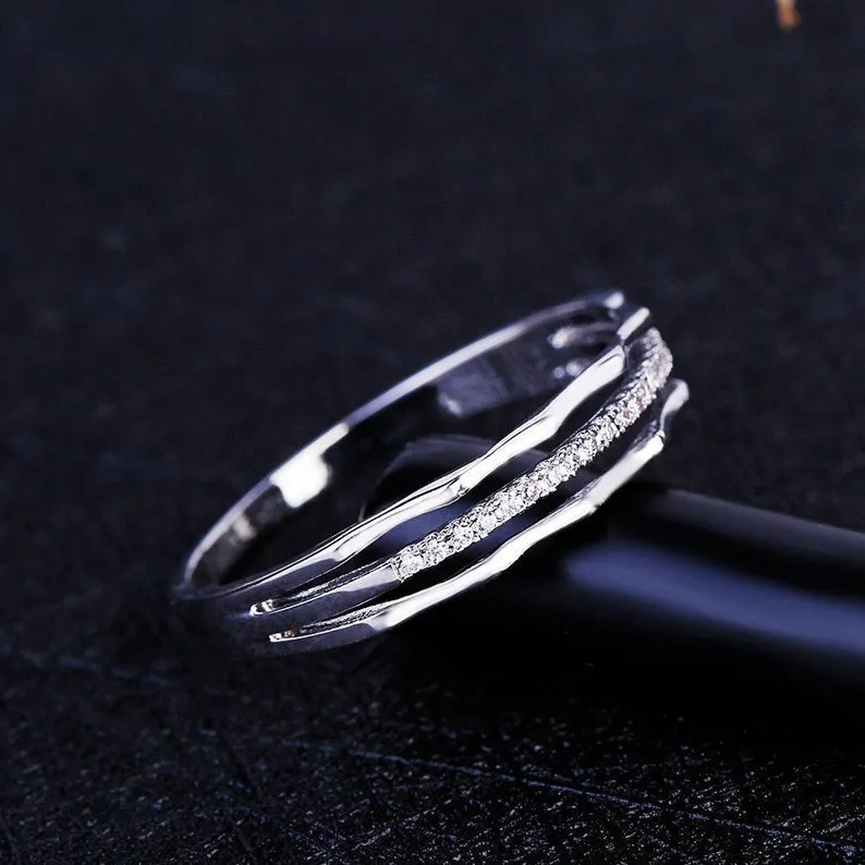 Round Moissanite engagement band white gold unique simple thin dainty diamond wedding ring for women celtic bridal anniversary gift