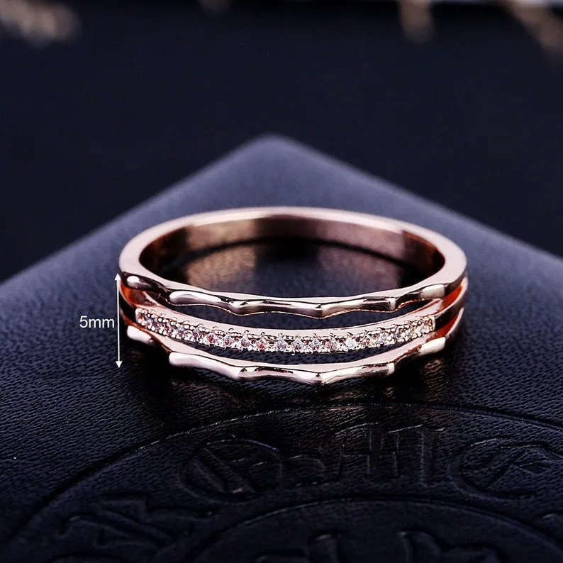 Round Moissanite engagement band white gold unique simple thin dainty diamond wedding ring for women celtic bridal anniversary gift