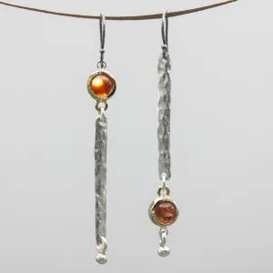 Round Sunstone earrings in brass bezel setting with silver bar hammer textured on sterling silver hooks style