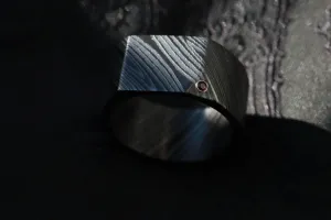 Ruby Signet ring - zirconium nio damascus, dark damascus wedding band red ruby