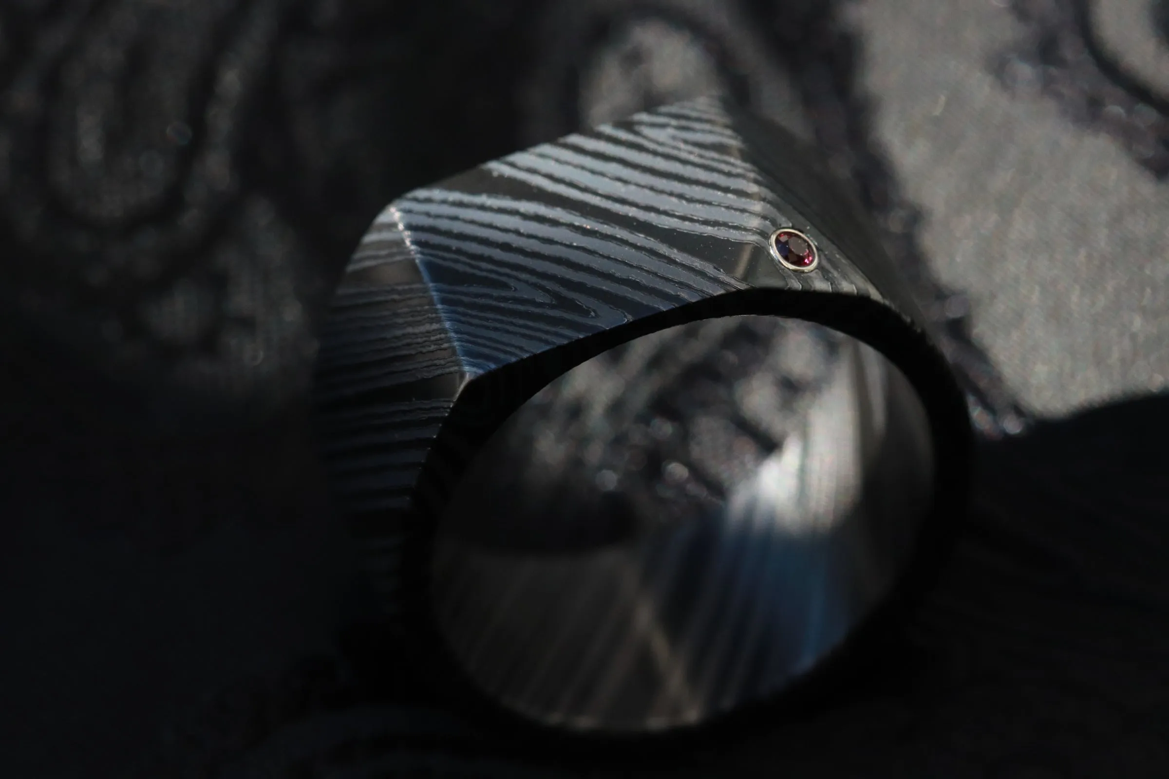 Ruby Signet ring - zirconium nio damascus, dark damascus wedding band red ruby