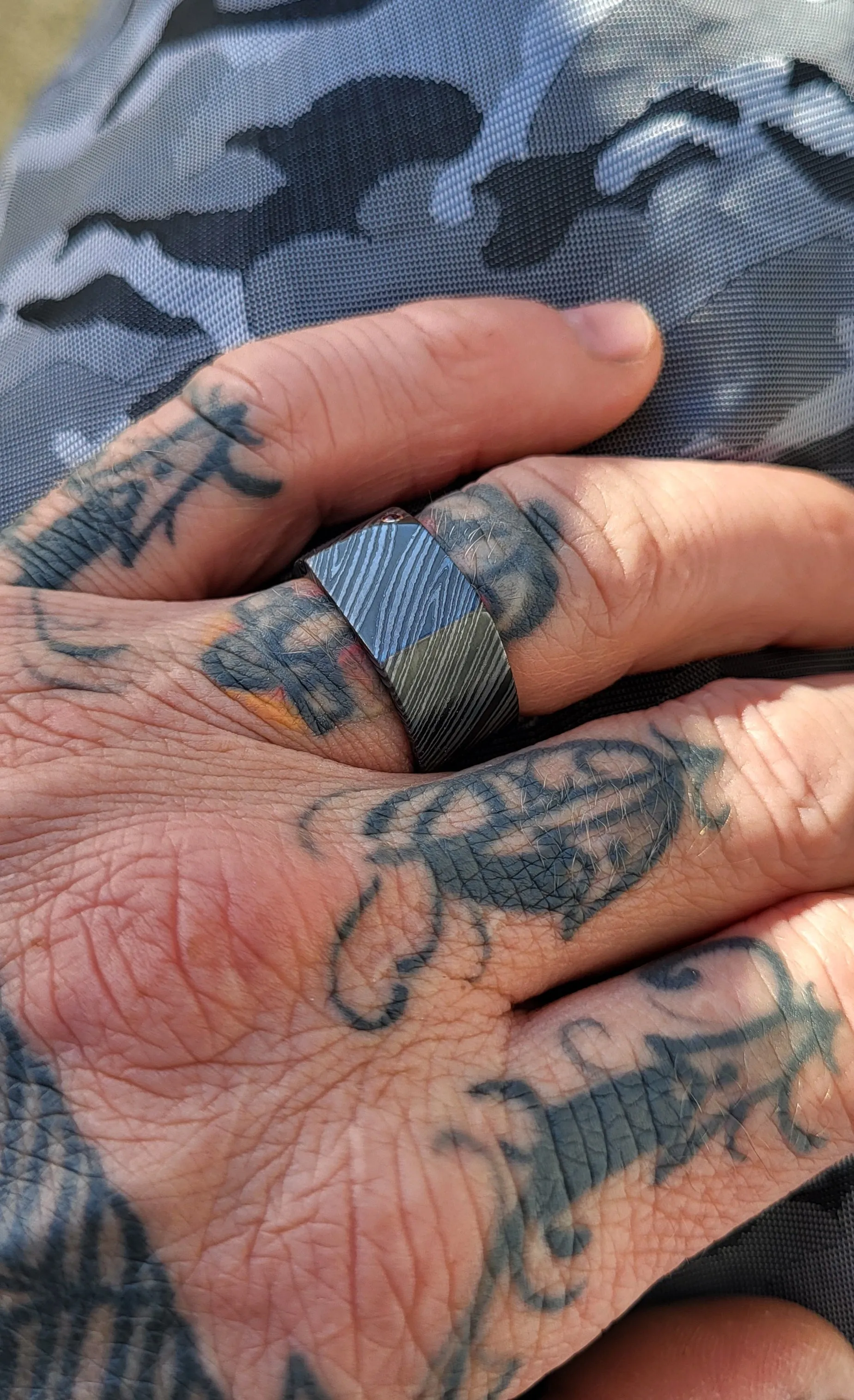 Ruby Signet ring - zirconium nio damascus, dark damascus wedding band red ruby
