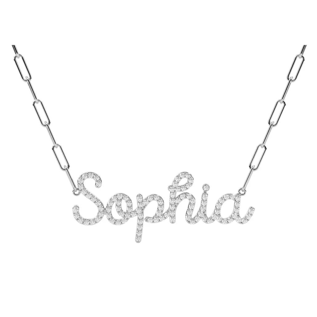 Script Pave Paperclip Necklace