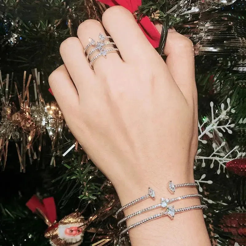Shiny Cubic Zirconia Fashion White Gold Color Open Size Thin Bangle and Ring  Jewelry Set for Women